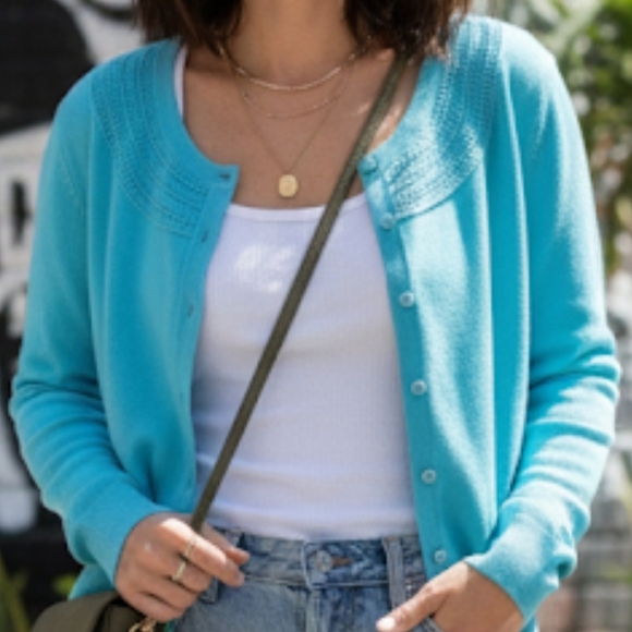 Talbots Sweaters - Talbots Cardigan Sweater Womens L Blue Button Up Crocheted Neckline